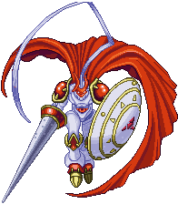 Sprite of a digimon with armor, a cape, and a huge lance.